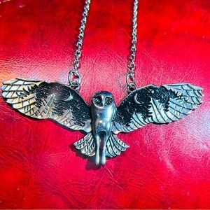 🦉Beautifully Crafted Silver/Black Owl Necklace, Moons/Forest in Spread Wings!